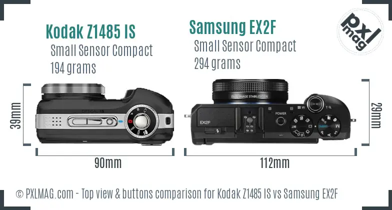 Kodak Z1485 IS vs Samsung EX2F top view buttons comparison