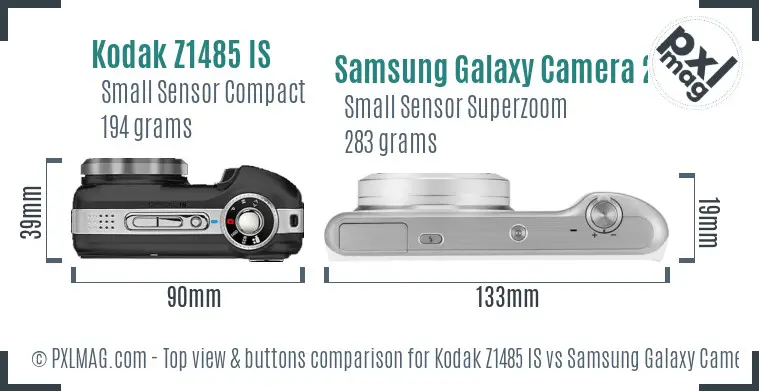 Kodak Z1485 IS vs Samsung Galaxy Camera 2 top view buttons comparison Kodak Z1485 IS vs Samsung Galaxy Camera 2 top view buttons comparison