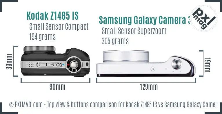 Kodak Z1485 IS vs Samsung Galaxy Camera 3G top view buttons comparison