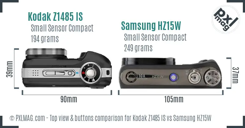 Kodak Z1485 IS vs Samsung HZ15W top view buttons comparison Kodak Z1485 IS vs Samsung HZ15W top view buttons comparison