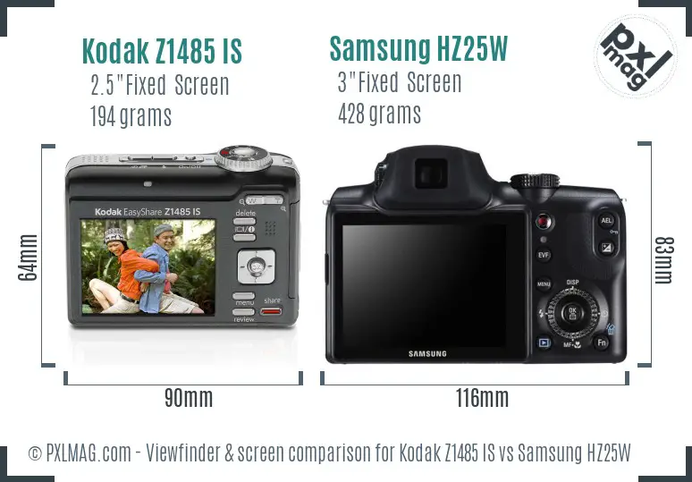 Kodak Z1485 IS vs Samsung HZ25W Screen and Viewfinder comparison