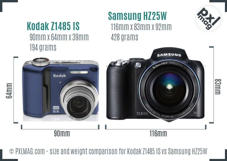 Kodak Z1485 IS vs Samsung HZ25W size comparison