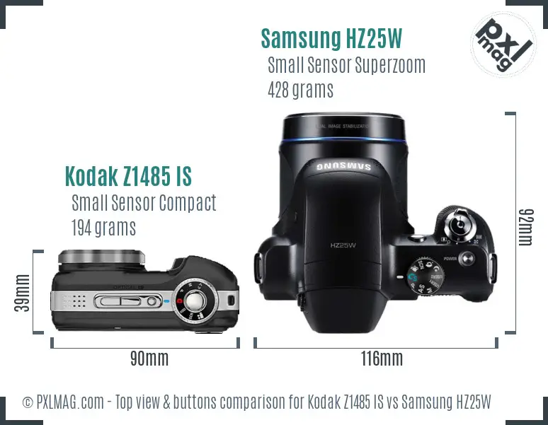Kodak Z1485 IS vs Samsung HZ25W top view buttons comparison