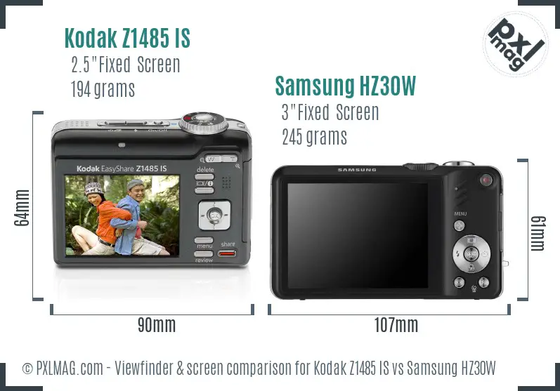 Kodak Z1485 IS vs Samsung HZ30W Screen and Viewfinder comparison