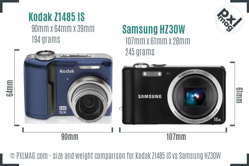 Kodak Z1485 IS vs Samsung HZ30W size comparison