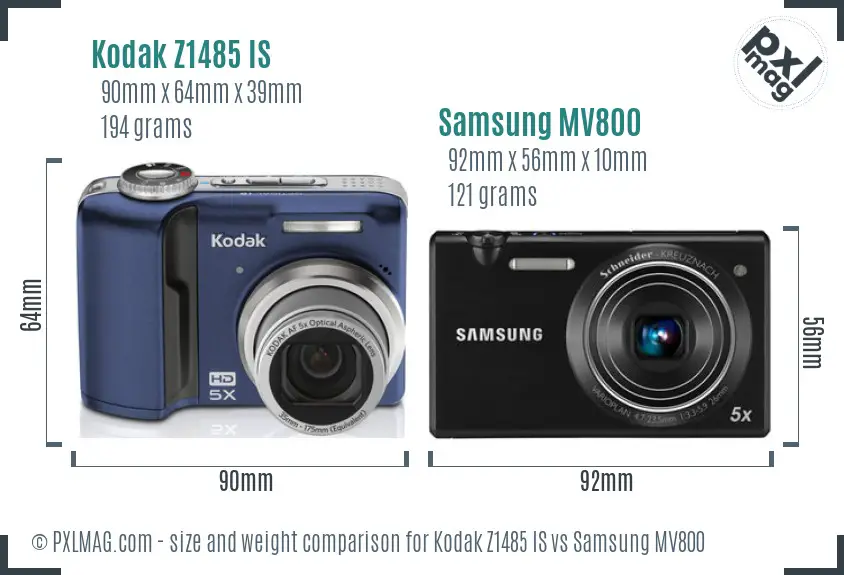 Kodak Z1485 IS vs Samsung MV800 size comparison