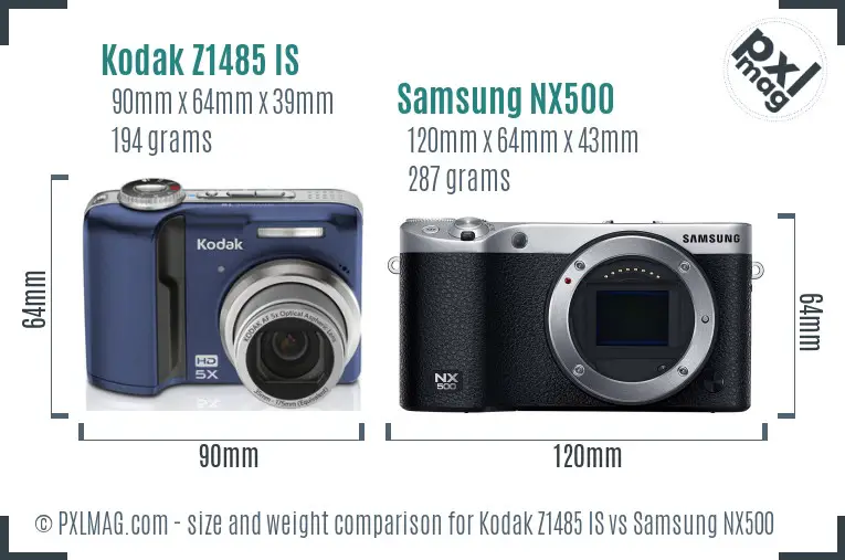 Kodak Z1485 IS vs Samsung NX500 size comparison