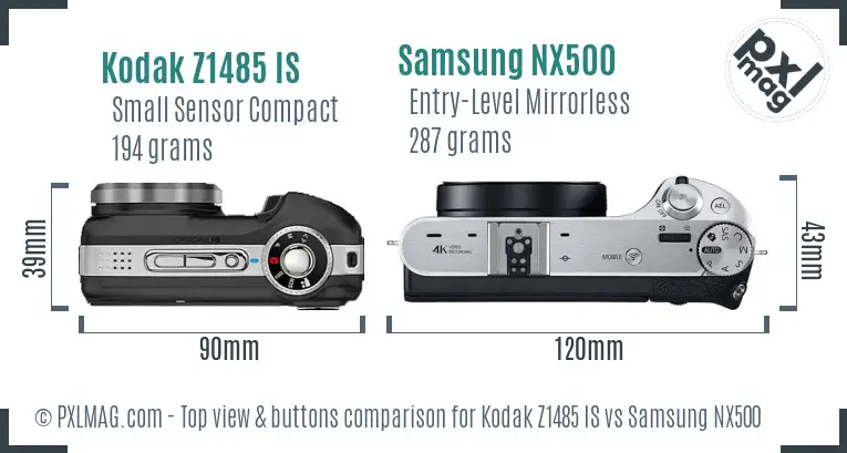 Kodak Z1485 IS vs Samsung NX500 top view buttons comparison