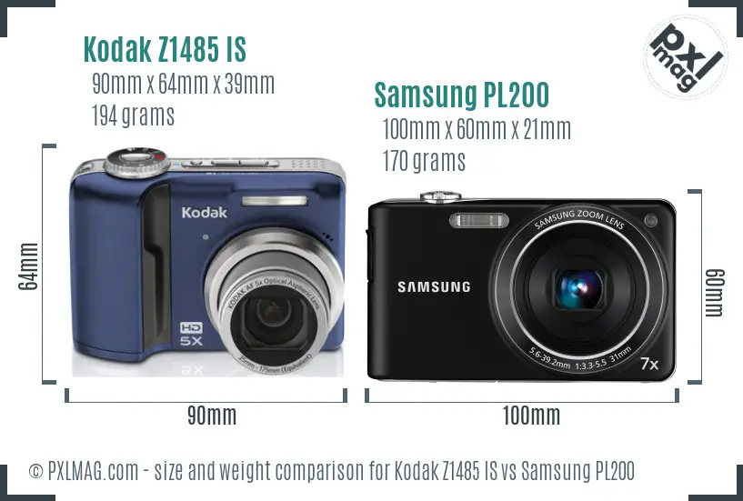 Kodak Z1485 IS vs Samsung PL200 size comparison