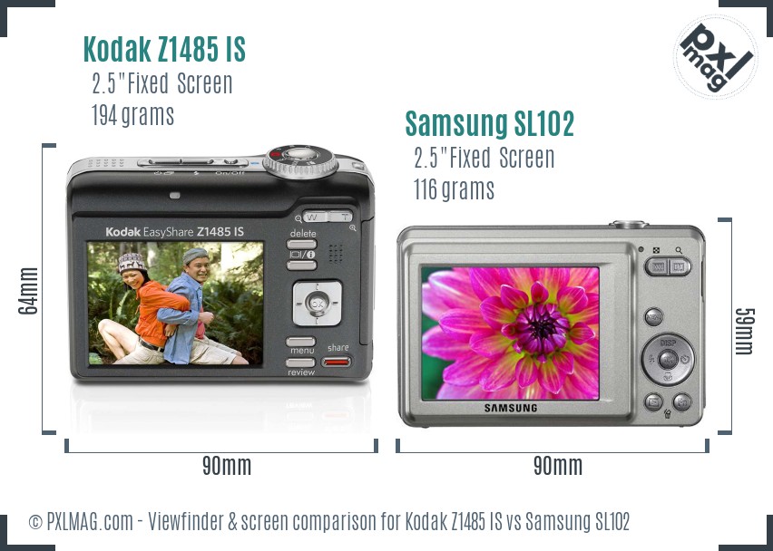 Kodak Z1485 IS vs Samsung SL102 Screen and Viewfinder comparison
