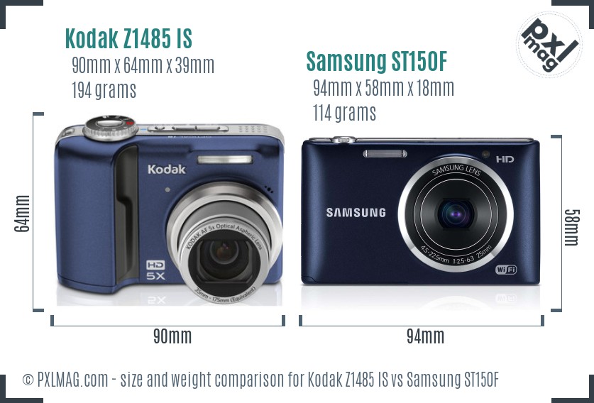 Kodak Z1485 IS vs Samsung ST150F size comparison