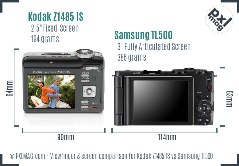 Kodak Z1485 IS vs Samsung TL500 Screen and Viewfinder comparison