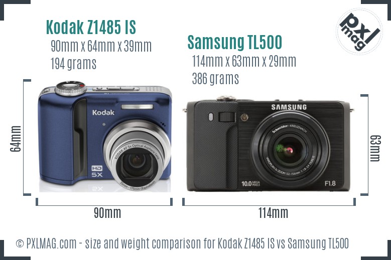 Kodak Z1485 IS vs Samsung TL500 size comparison