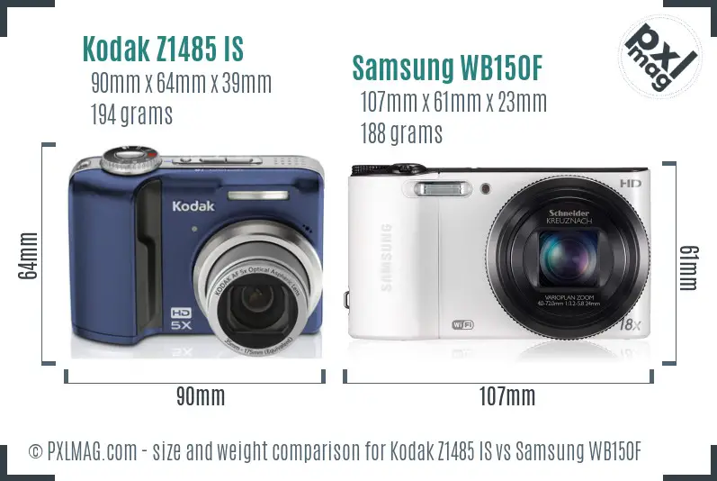 Kodak Z1485 IS vs Samsung WB150F size comparison