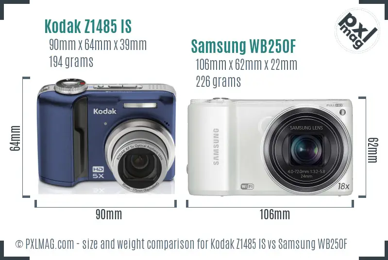 Kodak Z1485 IS vs Samsung WB250F size comparison
