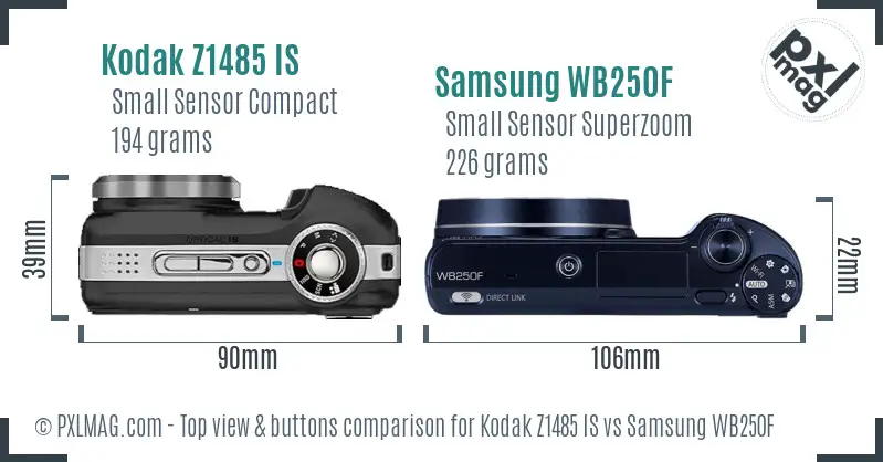 Kodak Z1485 IS vs Samsung WB250F top view buttons comparison