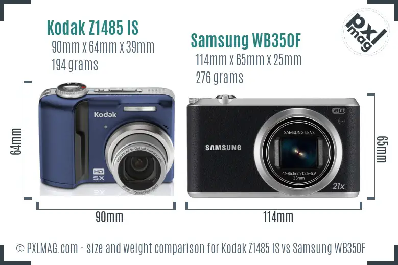Kodak Z1485 IS vs Samsung WB350F size comparison
