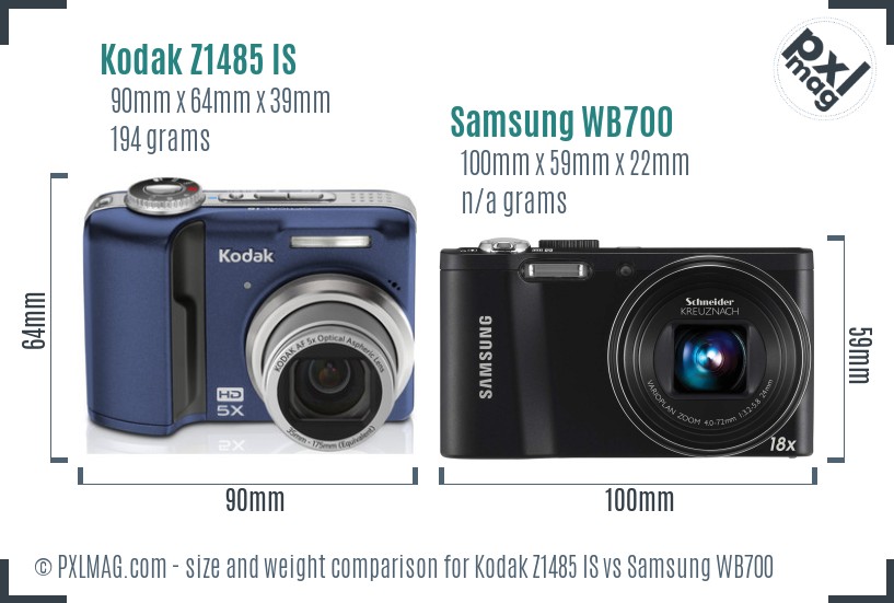 Kodak Z1485 IS vs Samsung WB700 size comparison