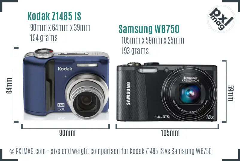 Kodak Z1485 IS vs Samsung WB750 size comparison