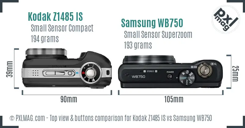Kodak Z1485 IS vs Samsung WB750 top view buttons comparison