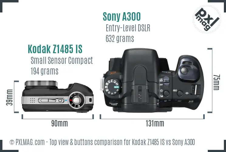 Kodak Z1485 IS vs Sony A300 top view buttons comparison
