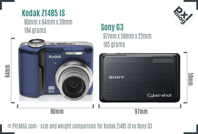 Kodak Z1485 IS vs Sony G3 size comparison