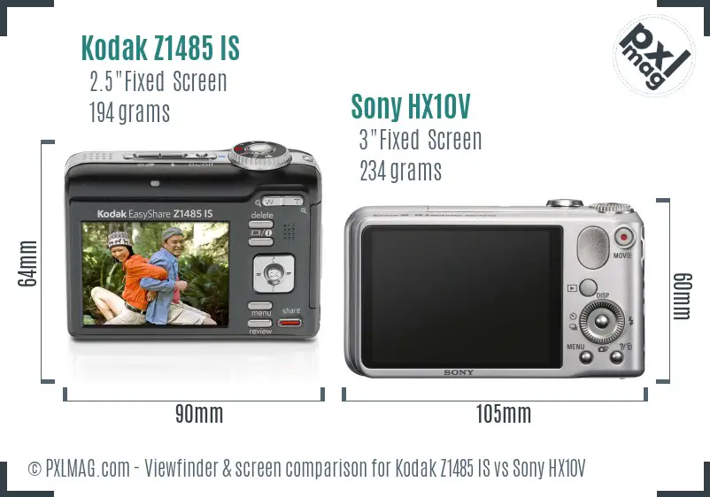 Kodak Z1485 IS vs Sony HX10V Screen and Viewfinder comparison