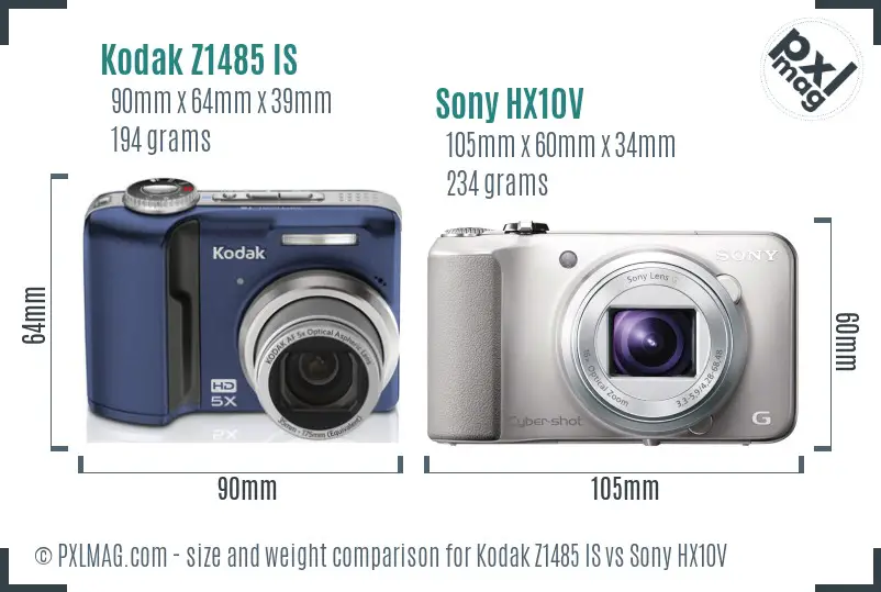 Kodak Z1485 IS vs Sony HX10V size comparison