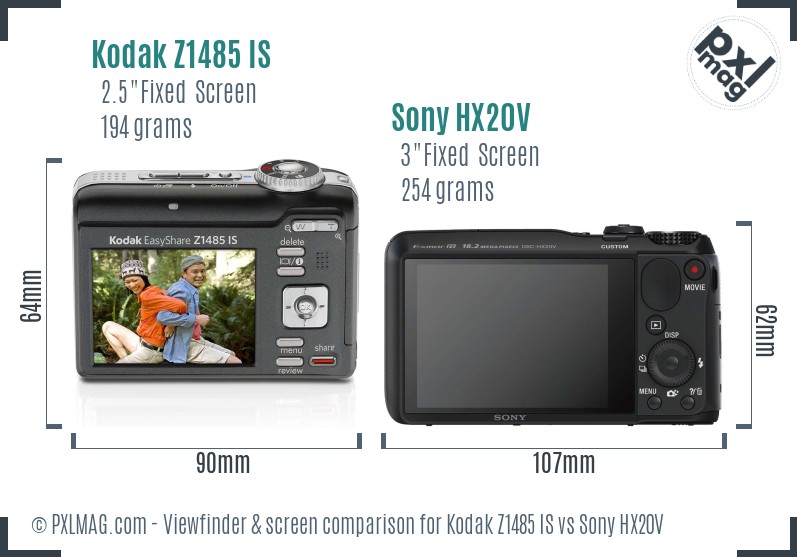 Kodak Z1485 IS vs Sony HX20V Screen and Viewfinder comparison
