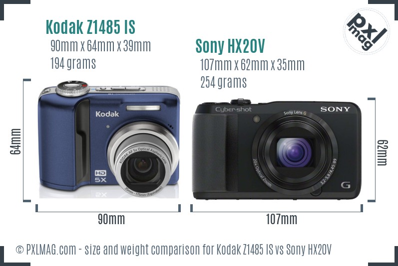 Kodak Z1485 IS vs Sony HX20V size comparison