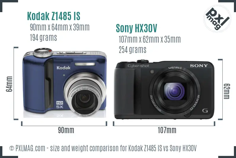 Kodak Z1485 IS vs Sony HX30V size comparison Kodak Z1485 IS vs Sony HX30V size comparison