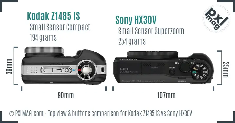 Kodak Z1485 IS vs Sony HX30V top view buttons comparison Kodak Z1485 IS vs Sony HX30V top view buttons comparison