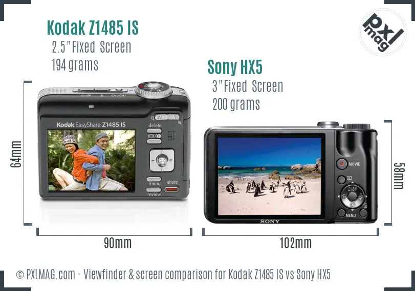 Kodak Z1485 IS vs Sony HX5 Screen and Viewfinder comparison