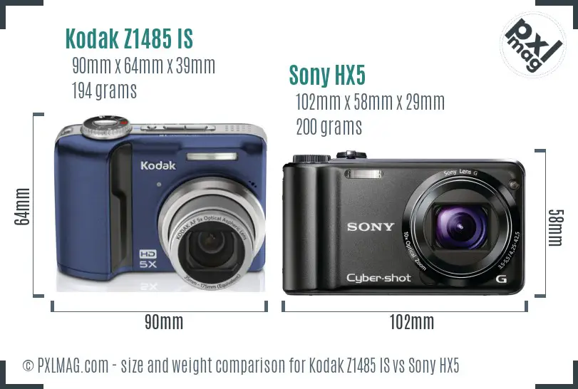 Kodak Z1485 IS vs Sony HX5 size comparison