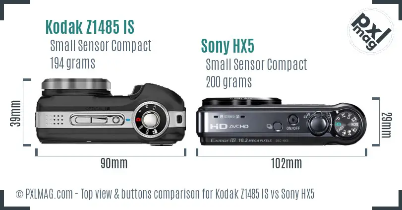 Kodak Z1485 IS vs Sony HX5 top view buttons comparison