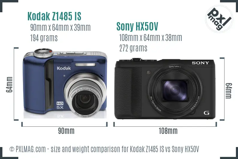 Kodak Z1485 IS vs Sony HX50V size comparison