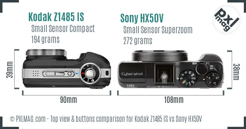 Kodak Z1485 IS vs Sony HX50V top view buttons comparison