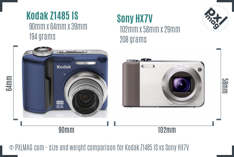 Kodak Z1485 IS vs Sony HX7V size comparison