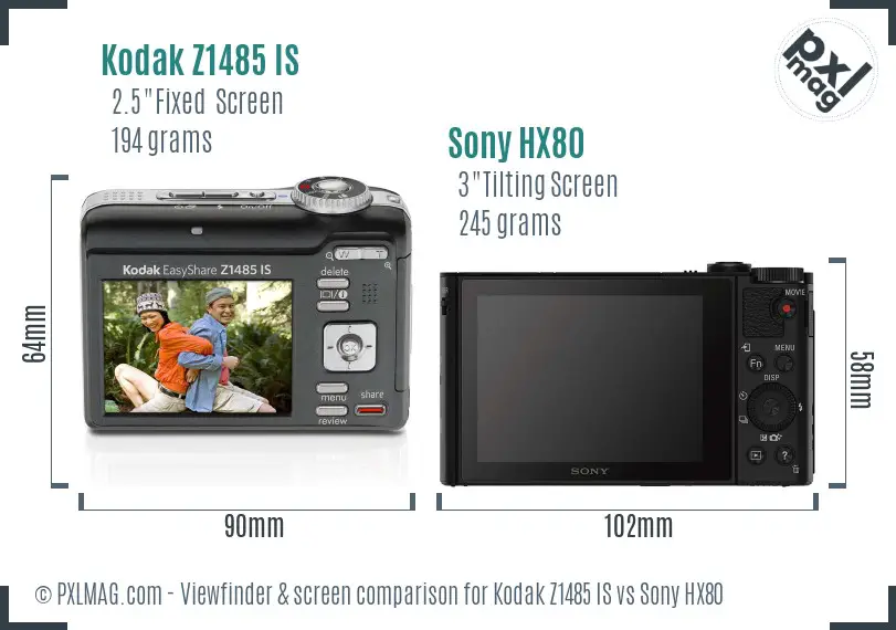 Kodak Z1485 IS vs Sony HX80 Screen and Viewfinder comparison