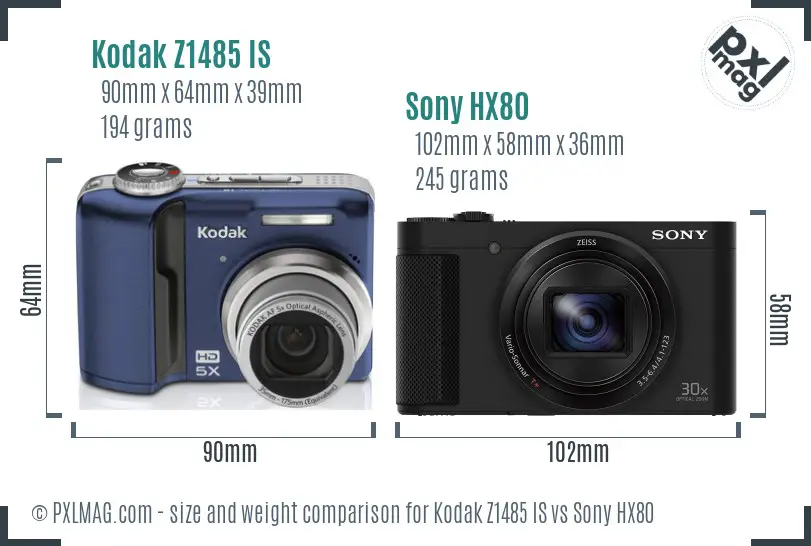 Kodak Z1485 IS vs Sony HX80 size comparison