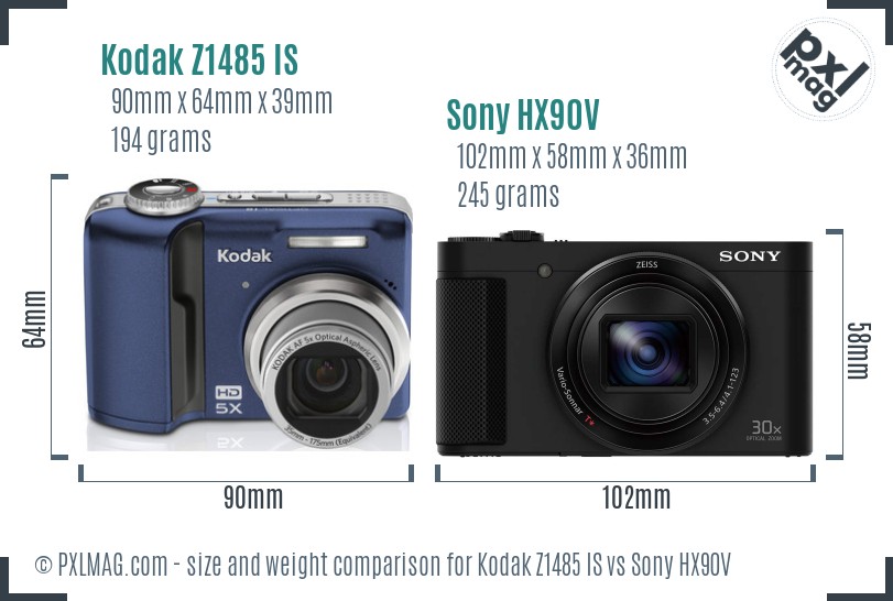 Kodak Z1485 IS vs Sony HX90V size comparison