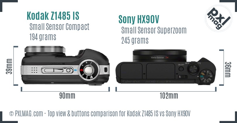 Kodak Z1485 IS vs Sony HX90V top view buttons comparison