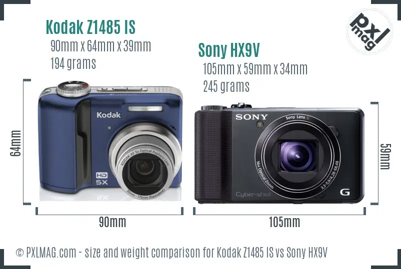 Kodak Z1485 IS vs Sony HX9V size comparison Kodak Z1485 IS vs Sony HX9V size comparison