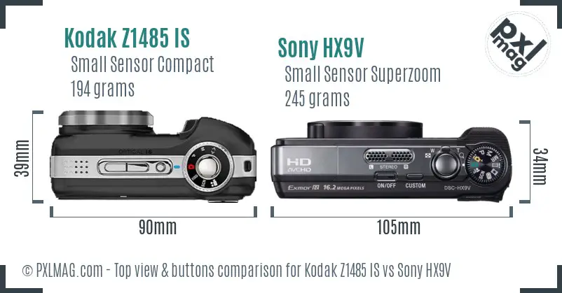 Kodak Z1485 IS vs Sony HX9V top view buttons comparison Kodak Z1485 IS vs Sony HX9V top view buttons comparison