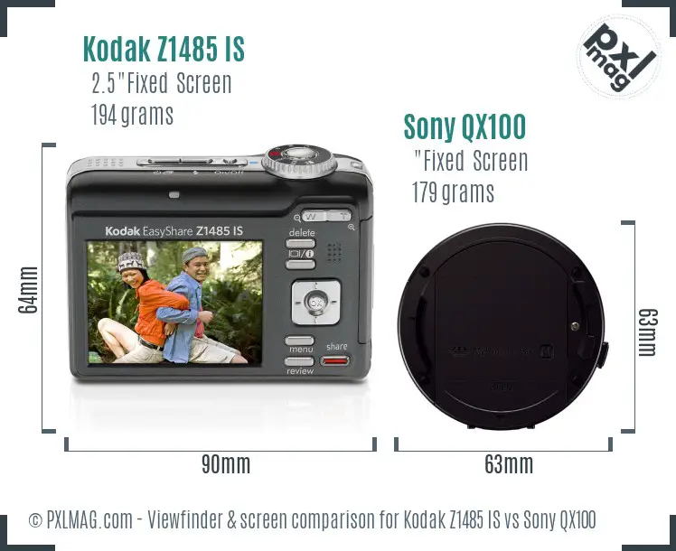 Kodak Z1485 IS vs Sony QX100 Screen and Viewfinder comparison