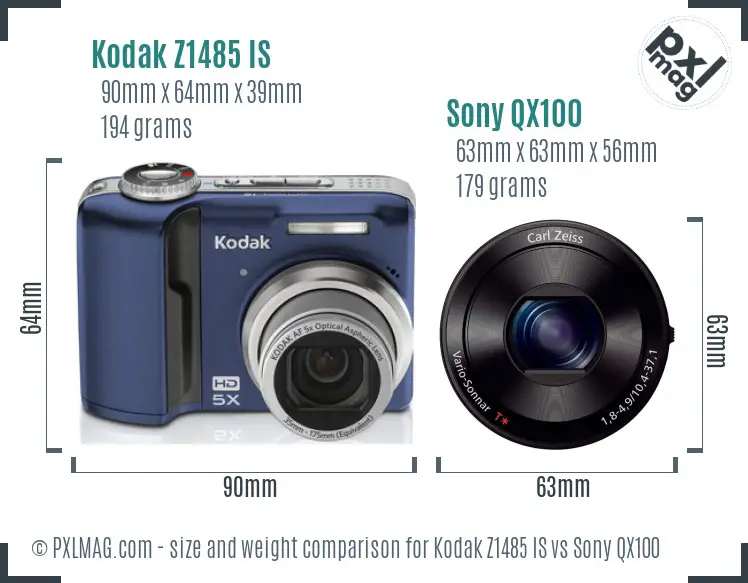 Kodak Z1485 IS vs Sony QX100 size comparison