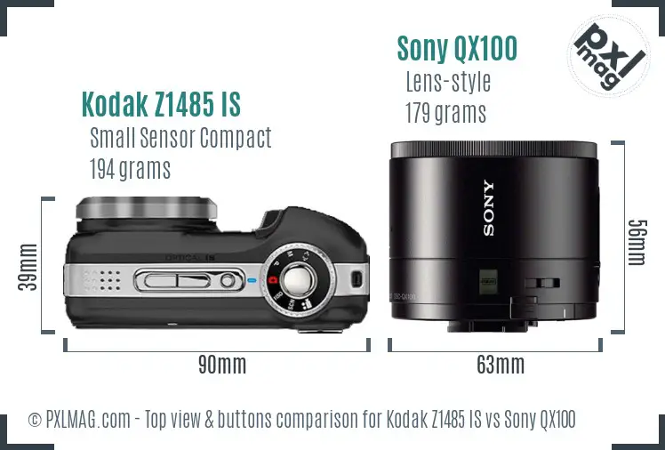 Kodak Z1485 IS vs Sony QX100 top view buttons comparison