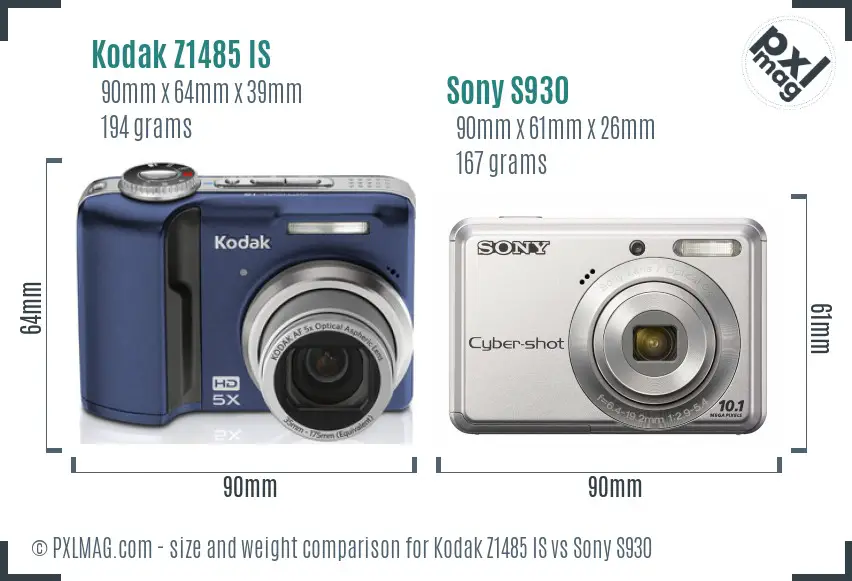 Kodak Z1485 IS vs Sony S930 size comparison