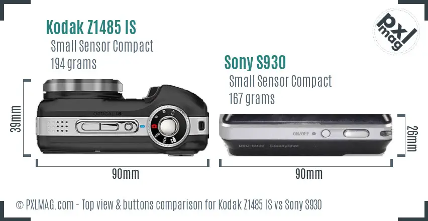 Kodak Z1485 IS vs Sony S930 top view buttons comparison