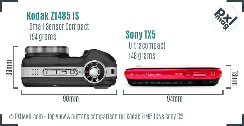 Kodak Z1485 IS vs Sony TX5 top view buttons comparison